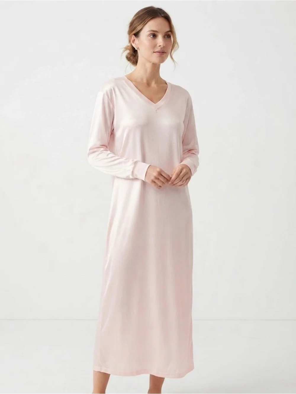 WinterSilks Light Pink 100% Silk Long Sleeve V-Neck Maxi Nightgown / Loungewear